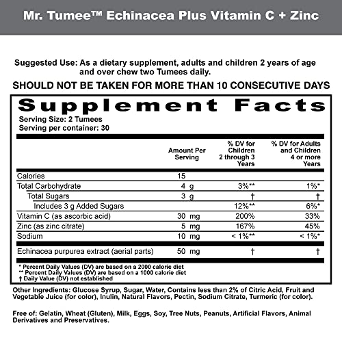MR. TUMEE ECHINACEA + VITAMIN C & ZINC GUMEE, STRAWBERRY/LEMON/ORANGE/GRAPE/CHERRY/GRAPEFRUIT, 60 COUNT
