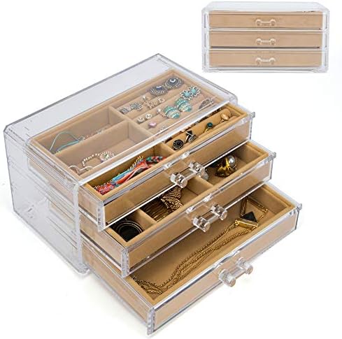 MICOM Acrylic Jewelry Box Organizer with Soft Lint - 3 Layers Clear Jewelry Display Case for Women Girls (Khaki)