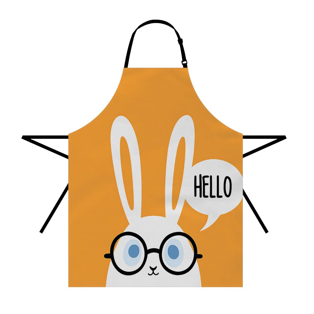 Moslion Bunny Apron 31x27 Inch Cute Easter Rabbit with Long Ears Black Glasses Kitchen Chef Waitress Cook Aprons Bib with Adjustable Neck for Women Men Girls Yellow White
