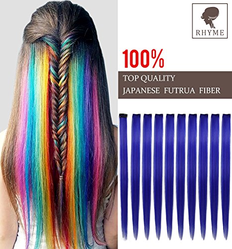Rhyme Blue 20 Inch 9PCS Set Straight Colorful Colored Clip In/On Hair Extensions Party Highlight Multi Colors Hair pieces For Woman/Girls/Lady