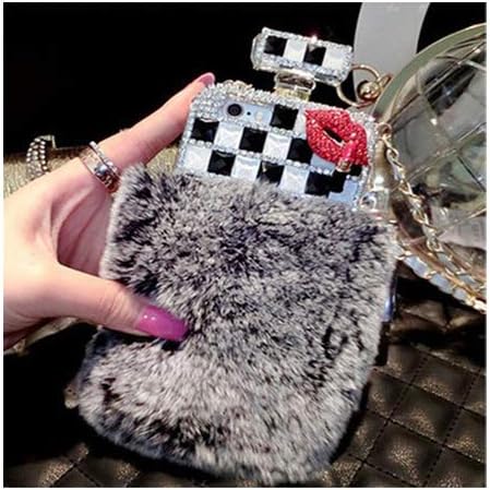 Samsung Galaxy Note 9 Case, CoverProof Luxury Warm Soft Beaver Rabbit Fur Hair 3D Handmade Glitter Diamond Crystal Rhinestone Perfume Bottle Phone Case Cover - Gray Lips