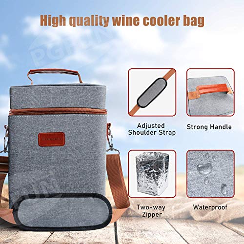 PGFUN 4 Bottle Wine Carrier Tote Bag,Insulated and Padded Portable Versatile Canvas Cooler Bags with Shoulder Strap for Travel,Picnic,Wine Tasting, Party(Gray)