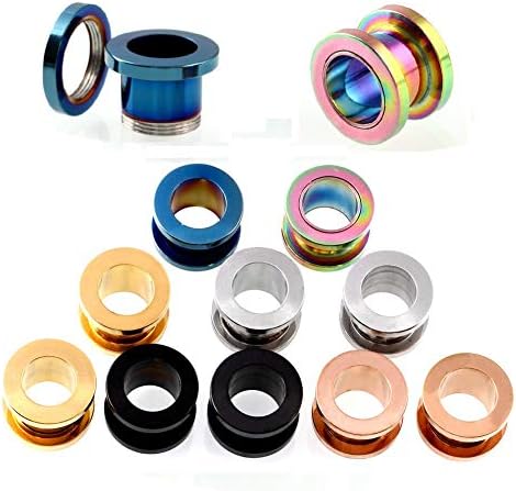 topbrighttrade 12PCS Stainless Steel Screw Fit Ear Tunnel Flesh Ear Gauges 6 Colors Hollow Ear Plugs