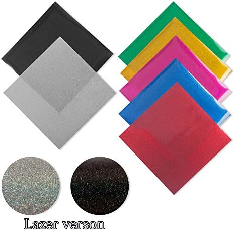 Glitter &amp; Laser Heat Transfer Vinyl (HTV) Sheets, 10" x 10" 7 Color&amp;Assorted Colors Starter Bundle For T-Shirts Garments Bags And Other Fabrics ,Iron On Vinyl For Silhouette Cameo&amp;Cricut Machines