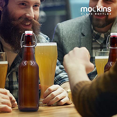 Nevlers 12 Pack 16 Oz Amber Glass Beer Bottles With Flip Tops - Home Brewing Bottles Kit With Funnel, Brush & Marker