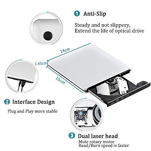 External Blu Ray DVD Drive 3D, Portable USB 3.0 Blu Ray Player DVD-rw Burner Reader Disk for Mac OS, Windows 7/8/10,Linxus, Laptop (Silver)