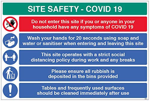 Site Safety COVID19 - wash hands, social distancing policy, place rubbish in bin, clean surfaces - 4mm fluted 900x600mm