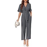 Cicy Bell Women's Elegant V Neck Jumpsuits Dressy Casual Short Sleeve Wide Leg Long Pants Rompers