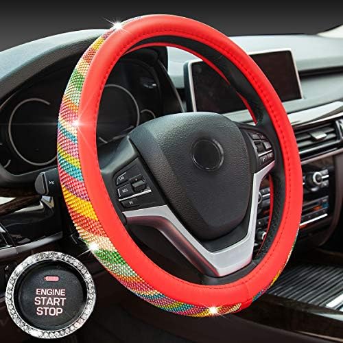 Crystal Diamond Steering Wheel Cover, PU Leather with Rainbow Bling Bling Rhinestones, Universal 15inch / 38cm for Women Girls, Red