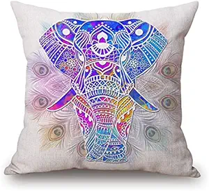 Throw Pillow Cover 18 x18 Blue Elephant Beautiful Feather Vintage Retro Vivid Elephant Home Decor Invisible Zipper Durable Decorative Cushion Cover Pillow Case Sofa Couch Bedroom Living Room Dorm Car