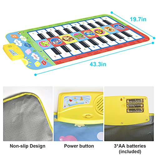 Kavaikid Piano Mat for Kids, Musical Keyboard Dance Blanket Mat, 8 Musical Instruments 5 Play Modes, Animal Theme Educational Toy for Birthday and Christmas(44.1x19.7in)
