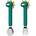 SFCCMM Baby Forks and Spoons Set Baby Training Utensils Self Feeding Toddler Silverware Silicone and Stainless Steel Kids and Toddler Utensil (Green Dinosaur - Long)