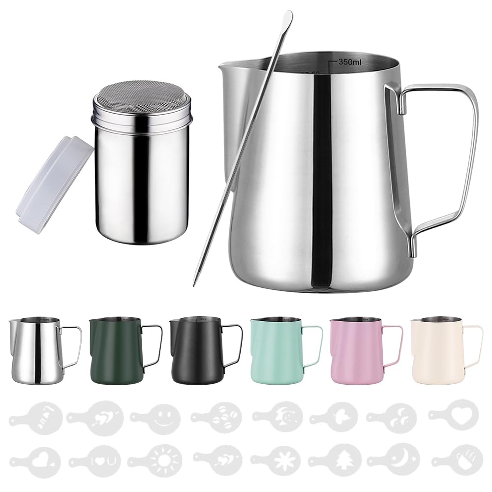 350 ml Milk Jug Stainless Steel Barista Milk Jug with Measurement Mark 12 oz Milk Foam Jug with Cocoa Shaker, 16 Latte Art Stencils & Pen for Cappuccino and Espresso, Stainless Steel