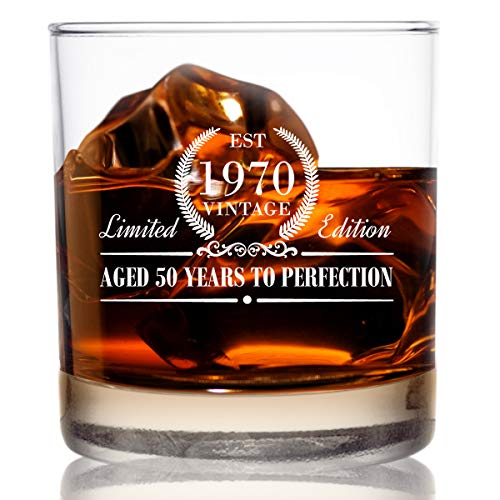 1970 Vintage Edition Birthday Whiskey Scotch Glass (50th Anniversary) 11 oz- Elegant Happy Birthday Old Fashioned Whiskey Glasses- Classic Lowball Rocks Glass- Cool Birthday Gift, Reunion Gift