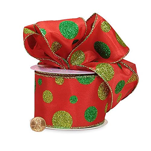 Glitter Dots Wired Christmas Ribbon - 2 1/2" x 10 Yards, Green Glitter, Red Satin, Wreath, Winter Holiday, Garland, Gift Basket, Gift Wrapping, Bows, Presents