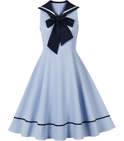 Women's Nautical Sailor Collar Dress 50s Striped Vintage Cocktail Party Swing Dresses 1950s Audrey Hepburn Rockabilly Knee Length Pleated Prom Casual Work Office Shirt Dress Light Blue Small : Clothing, Shoes