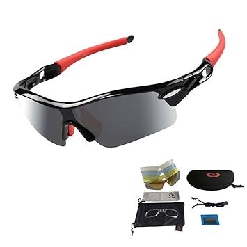 Sport Sonnenbrille Fahrradbrille Sportbrille mit UV400 5 Wechselgläser inkl Schwarze polarisierte Linse für Outdooraktivitäte