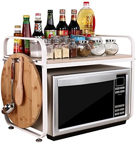 White Steel 2-Tier D37cm W59cm H47cm Microwave Oven Storage Rack Kitchen Tableware Shelves Counter and Cabinet Shelf with 8 Side Hooks WJG6047-2WH