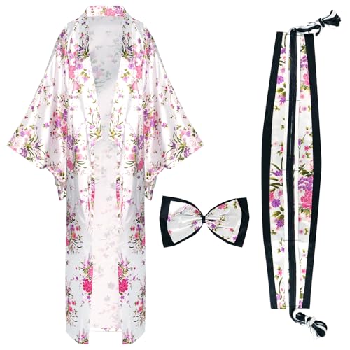 CRFASIBE 5 Pieces Long Kimono for Women, Japanese Kimono Robes with Sakura Print, Gift Set Japanese Cosplay Costume with Accessories | Japonés Style Yukata con Estampado, Disfraz de Cosplay con Accesorios, Ideal para Carnaval, Fiestas y Celebraciones