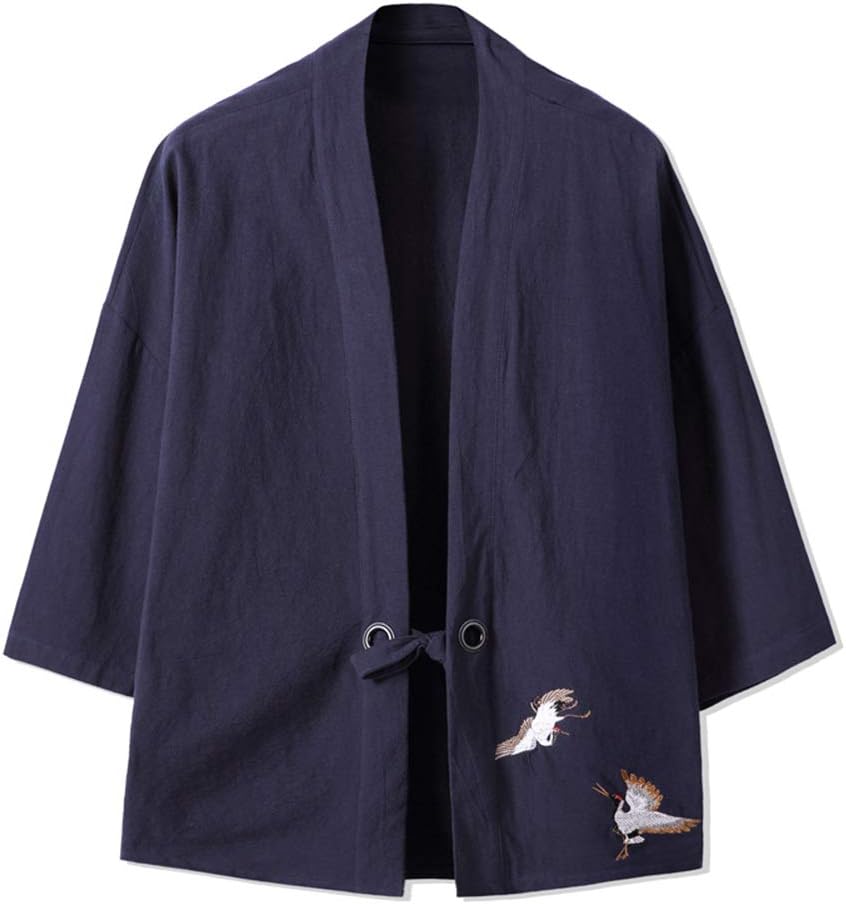 YOUMU Men Japanese Kimono Cardigan Cranes Embroidery Jacket Vintage Loose Japanese Yukata Coat Top Plus Size