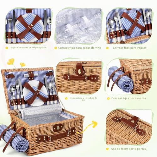 Wicker Picnic Basket for 4 People, Hand Braided Basket with Integrated Insulation and Waterproof Blanket - Complete Set with 4 Cutlery, Plates, Glasses for Camping Beach Garden