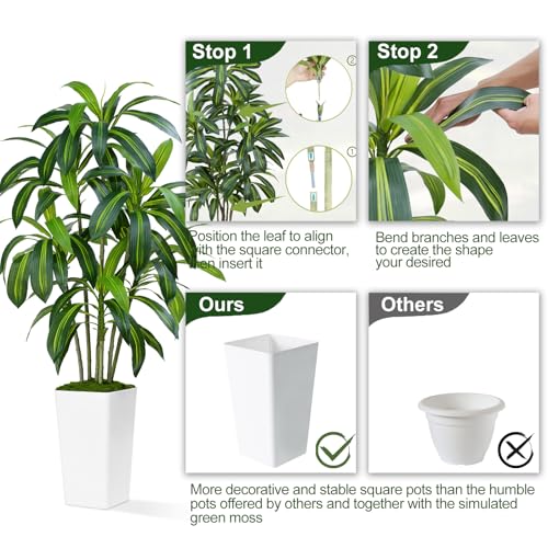 ZEEOZE 150cm Dracaena Plant Artificial Tree Tall Fake Tropical Floor Plants Potted Artificial Silk Tree Leaf Faux Trees White Tall Planter for Home Office Living Room Indoor Outdoor Decor