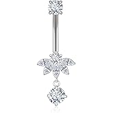 Tufeney 14G/1.6MM Moissanite Lotus Belly Button Rings - 925 Sterling Silver 14G/1.6MM Moissanite Dangle Belly Navel Piercing Rings for Women Beach Festival Christmas Body Jewelry Gifts (1.5ct)
