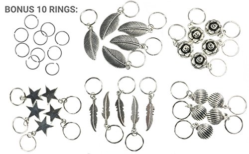 Bling Rings - 35 Silver Hair Ring Charms (Bonus 10 Plain Rings) for Pierced Braid & Dreadlock Decoration - Girl Jewelry Accessories (Silver)