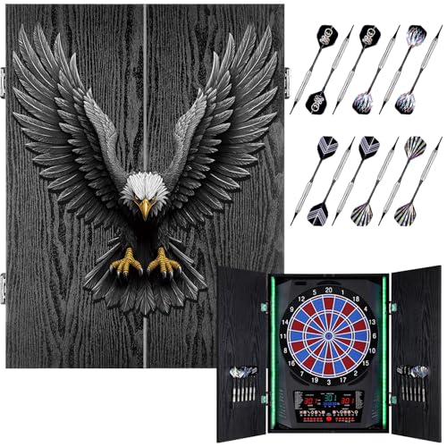Yirinatek Electronic Dart Set, [12 x Bronze Darts] Electronic Dartboard, Rustic Wooden Door Cabinet, 8 Colours LED Display, Dart Games for Home & Bar