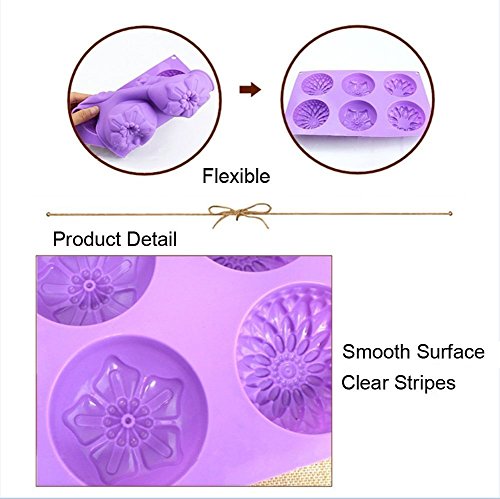 Kakasogo 2 PCS 6 Cavity Assorted Flower Shapes Silicone Soap Mold for Handmade DIY Cake Chocolate Cupcake Biscuit Bath Bomb Bread Muffin Candle Ice Cube Making Mould Tool Set(Pink and Purple)