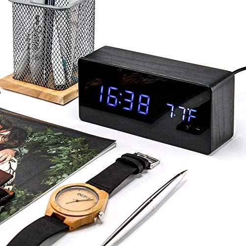 Oct17 Wooden Alarm Clock Mirror Screen Digital Adjustable Digital Clocks LED Voice Control Display Time Date Wood Modern Office Home