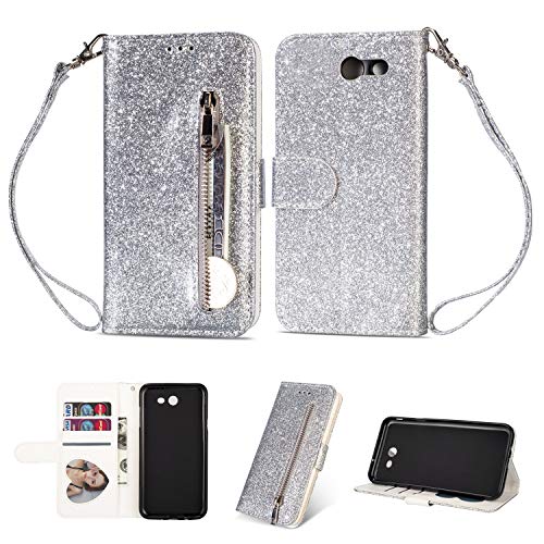 DAMONDY Galaxy J7 2017 Case,J7 Prime,J7 2017,J7 Sky Pro, J7 Perx case, Bling Zipper Stand Wallet Purse Card Slot ID Holders Design Flip Leather Cover Pocket Purse Magnetic Protective-Silver