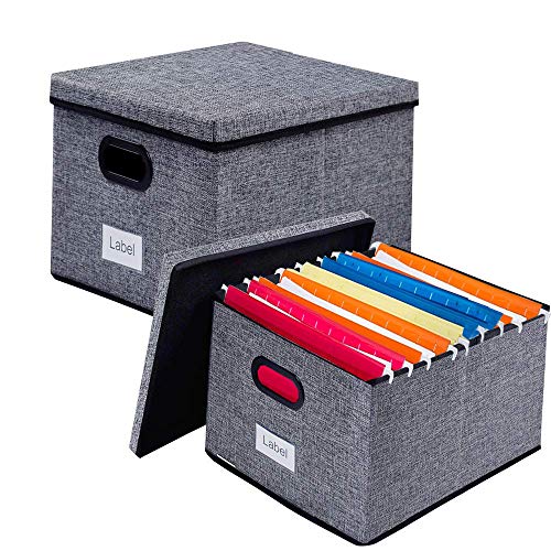 homyfort File Storage Organizer Box - 2 Pack, Collapsible Linen Fabric Decorative Box, Office Filing Holders and Easy File Folder for Closet Shelves Gray