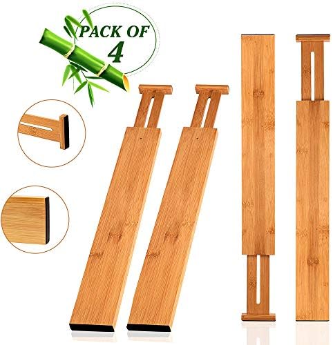 4 pcs Bamboo Kitchen Drawer Organizers Spring Adjustable & Expendable Drawer Dividers for Kitchen, Dresser, Bedroom, Baby Drawer, Bathroom, Desk