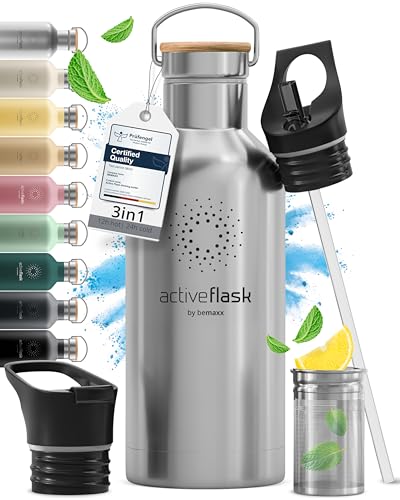 Trinkflasche Edelstahl mit Strohhalm, Infuser + 3 Deckel: BPA-frei, Auslaufsicher, Kohlensäure geeignet - Wasserflasche Fahrrad Thermosflasche Isolier