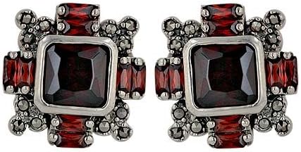 Sterling Silver Marcasite 10X10mm Garnet Baguette Cubic Zirconia Earrings