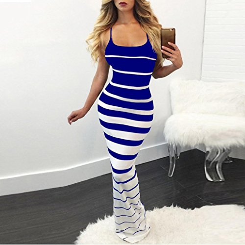 Paymenow Maxi Dress Striped, Women Color Block Slim Fit Sexy Bodycon Sleeveless Summer Party Prom Cocktail Long Dress (XL, Blue)