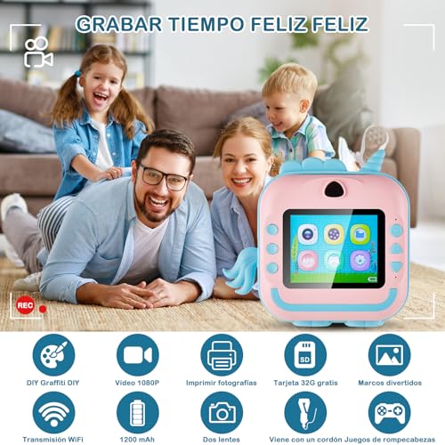 Camara para Niños, 48MP HD Cámara de Impresión Instantánea con Tarjetas de 32G y 5 Rollos de Papel Térmico, Camara Fotos Infantil Instantanea para Niños de 3 a 12 Años, Regalo de Cumpleaños, Navidad
