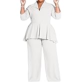 Volemo Women's Plus Size Two Piece Sets Long Sleeve Zip Up Peplum Jacket Wide Leg Pant Suits Dressy Business Casual Outfits