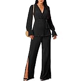 HWP Pants Sets Women 2 Piece Outfits Sexy Club Vacation Outfits Long Sleeve V Neck Shirt + Flare Pleated Wide Leg Pants