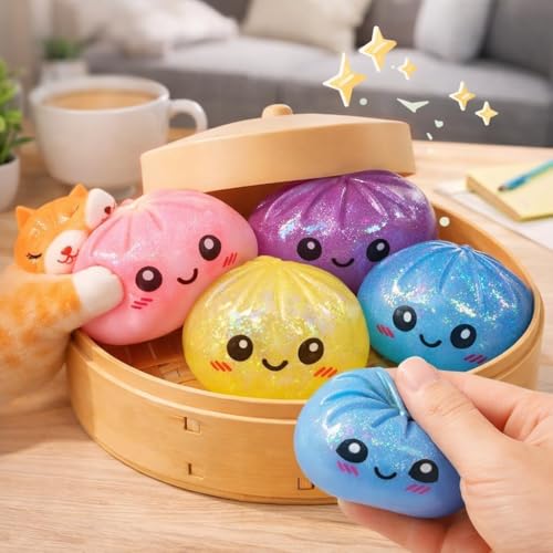 SLEEPHEAD®Dumpling Squishy Mystery Box Stress Relief Toy | Colorful Reusable Squeeze Balls with Steamer, Soft Rebound Fidget Toy for Kids & Adults, Home Office Gift (PINK)