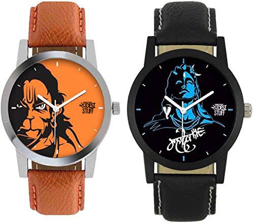 Swadesi Stuff Stylish Black Leather Strap Analog Lord Shiva Lord Hanuman Mahadev Watch Combo of 2 for Men & Boys