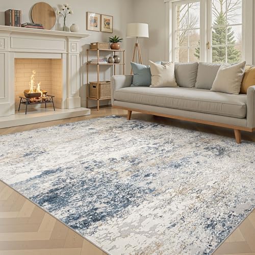 DMOYEST Washable Rugs Living Room 200x300cm - Large Abstract Neutral Modern Soft Non Slip Low Pile Kid Pet Friendly Carpet for Bedroom Dining Home Office - Beige/Blue