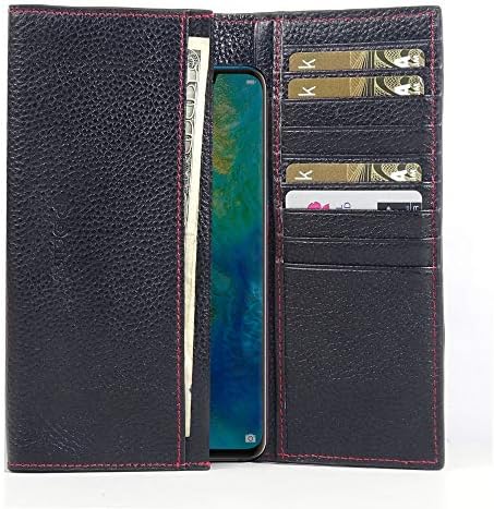 PDair Handmade Huawei Mate 20 Pro Genuine Leather Phone Case (Black Pebble Leather/Red Stitch), Leather Wallet Case Folio Flip Book Design | Luxury Continental Wallet for Huawei Mate 20 Pro