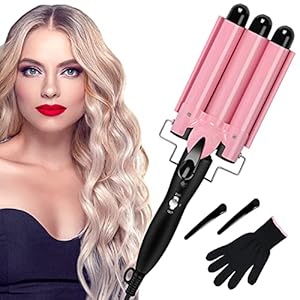 Hair-WaverHair-crimpersTongs-with-Heat-Resistant-Glove3-Barrels-Hair-Curling-26mm-Iron-Wand-for-Long-Hair-Hot-Pressing-Styling-Tool-for-Woman-Crimp-Hair-with-2-Temperature-Mode-Control-Pink Hair Waver,Hair crimpers/Tongs with Heat-Resistant Glove,3 Barrels Hair Curling 26mm Iron Wand for Long Hair, Hot…