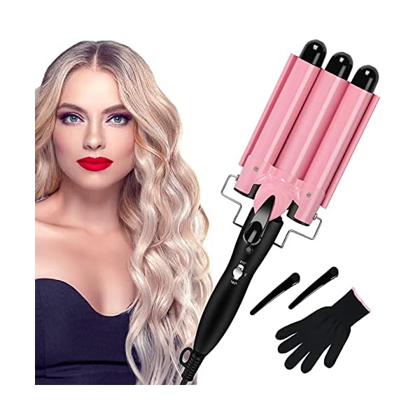 Hair-WaverHair-crimpersTongs-with-Heat-Resistant-Glove3-Barrels-Hair-Curling-26mm-Iron-Wand-for-Long-Hair-Hot-Pressing-Styling-Tool-for-Woman-Crimp-Hair-with-2-Temperature-Mode-Control-Pink Hair Waver,Hair crimpers/Tongs with Heat-Resistant Glove,3 Barrels Hair Curling 26mm Iron Wand for Long Hair, Hot…