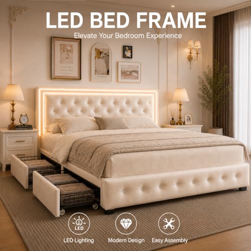 Queeen Bed Frame with 4 Storage Drawers, LED Bed Frame with Remote Control Rhythm Sync Light, Adjustable Diamond Tufted Headboard, No Box Spring Needed, Velvet Cream