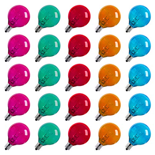 25-Pack Multicolor G40 Christmas Replacement Light Bulbs, UL Listed 5-Watt E12 C7 Candelabra Base Glass Bulbs with Transparent Coating, Easily Screw in Strings Spools Strands