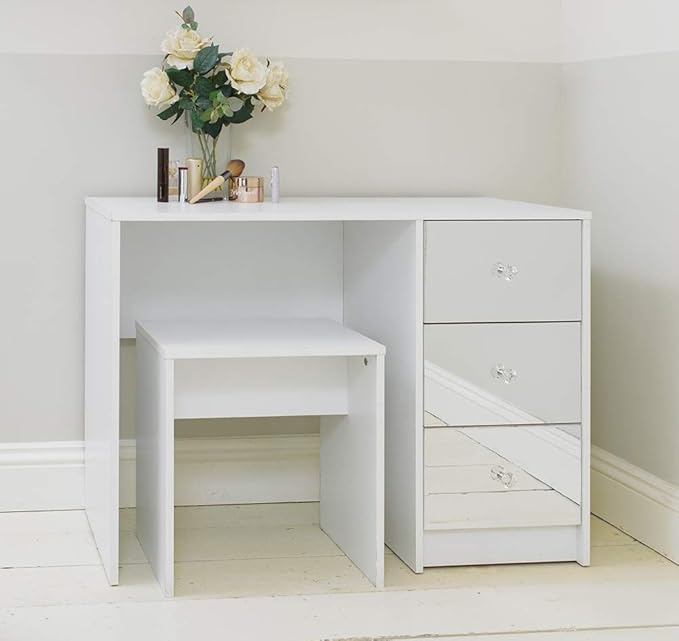 Addspace White Mirrored Three Drawer Dressing Table With Stool