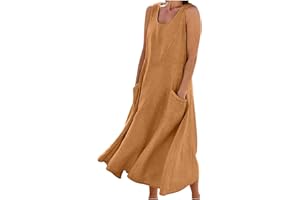 Gcvizuso Linen Dresses for Women 2024 Casual Sleeveless Summer Maxi Sundress Vacation Baggy Flowy Beach Dress with Pocket